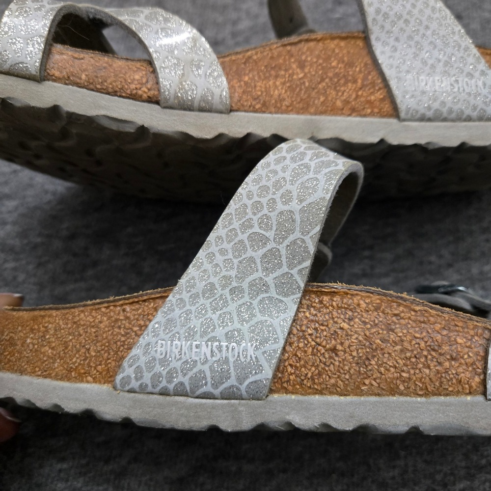 Birkenstock Mayari Sandals Women 40 Silver Snake Print Glitter Strappy Comfort - Picture 8 of 11